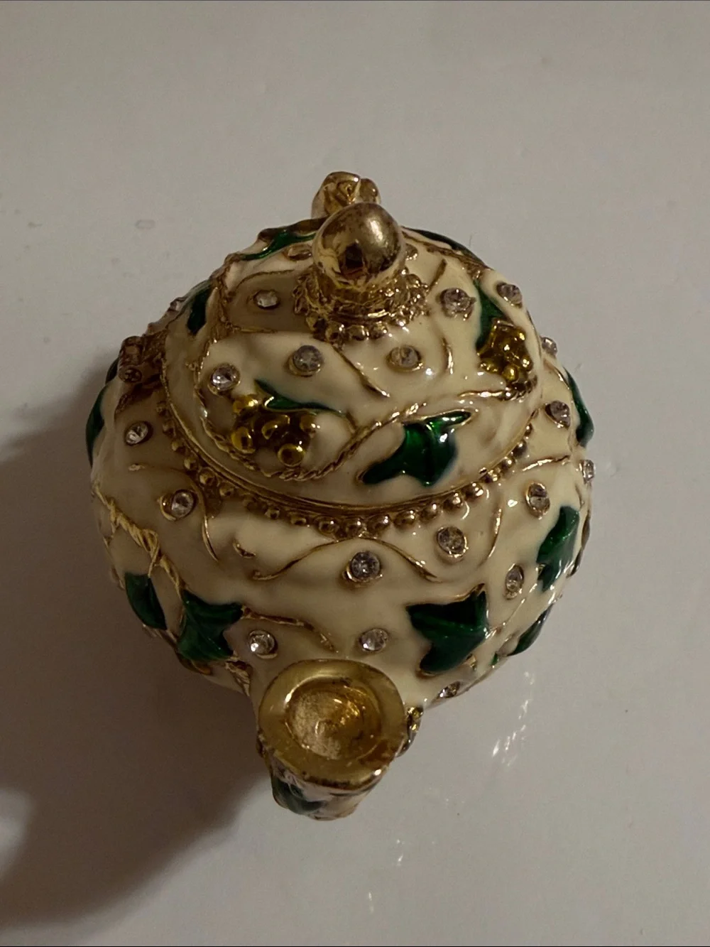 Ornate Decorative Teapot Accent with Green Leaf Detailing Trinket Box